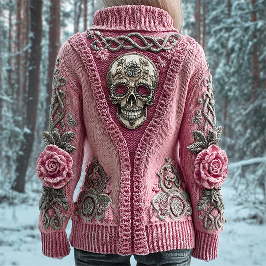 Metal Skull & 3d Floral Viking Art Women's Chunky Knit Stand Collar Zipper Sweater artswardrobe