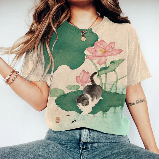 Casual Cute Cat And  Lotus Print Crew Neck T-Shirt elevenforest