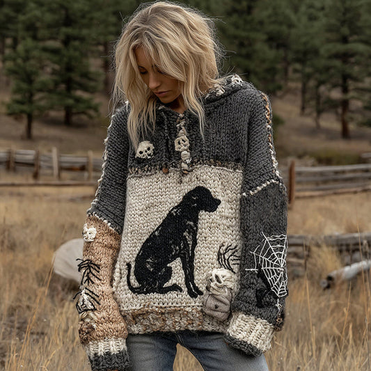 Vintage Dog Horror Spider Web Cozy Knit Hooded Sweater artswardrobe