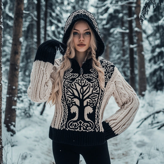 Women's Viking Tree Of Life Jacquard Cozy Chunky Knit Hooded Sweater artswardrobe