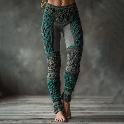 Comstylish Christmas Celtic Knot Knit Jacquard Cozy Leggings