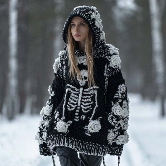 Women's Vintage Three-dimensional White Rose Casual Warm Hooded Sweater artswardrobe