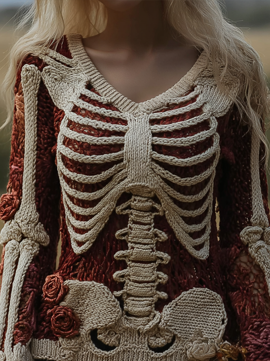 Ladies' V-neck Knitted Sweater With Halloween-themed Line Art And Botanical Floral Design. artswardrobe