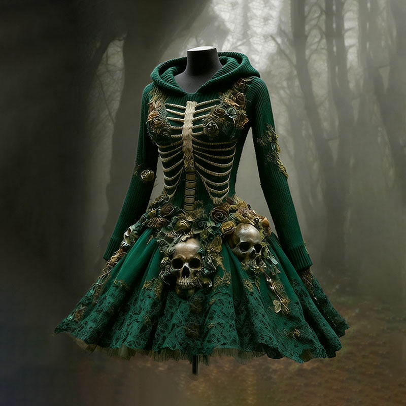 Comstylish Women's Halloween Skull Flower Moss Witch Sweater Dress