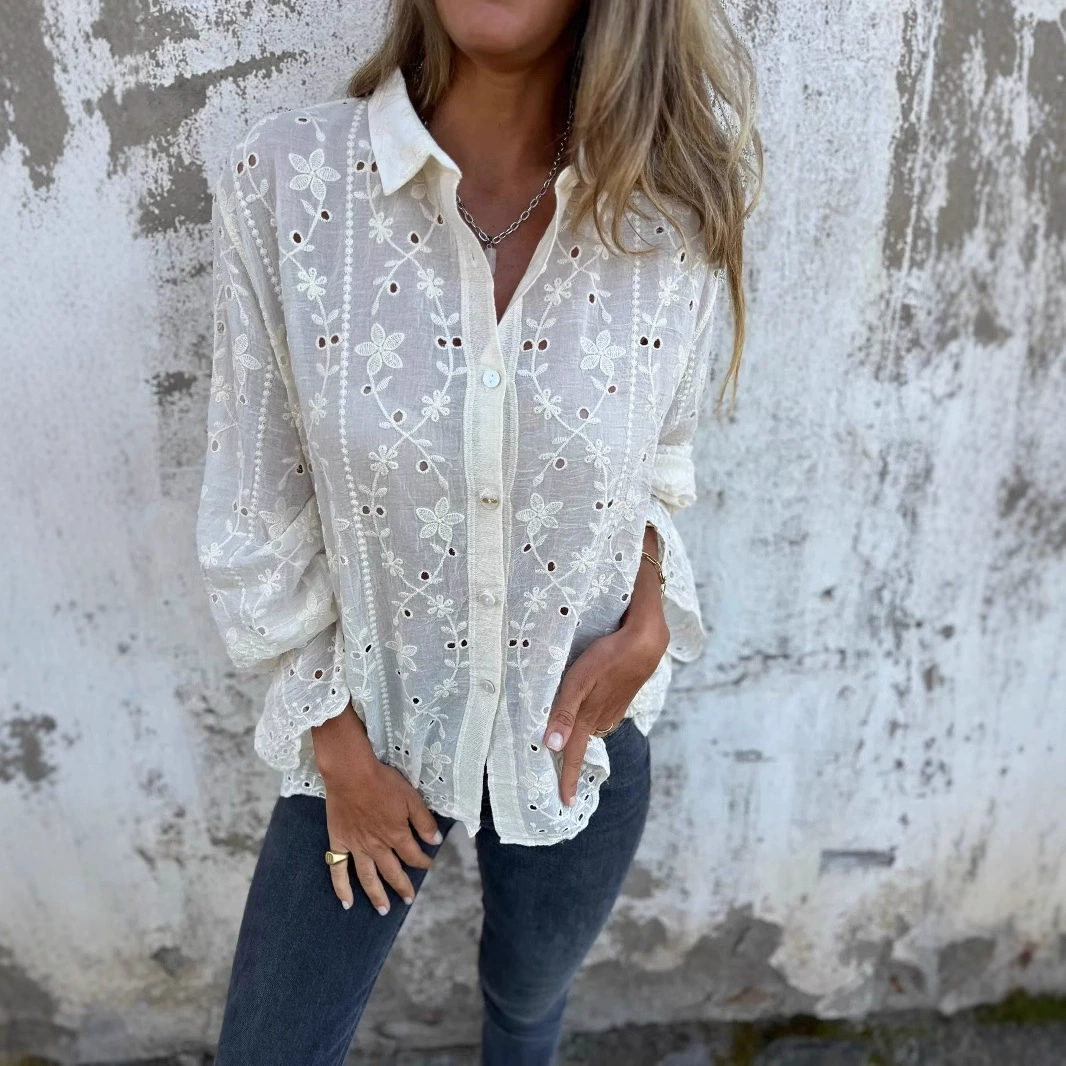 Comstylish New Embroidered Lace Cotton Linen Women's Shirt