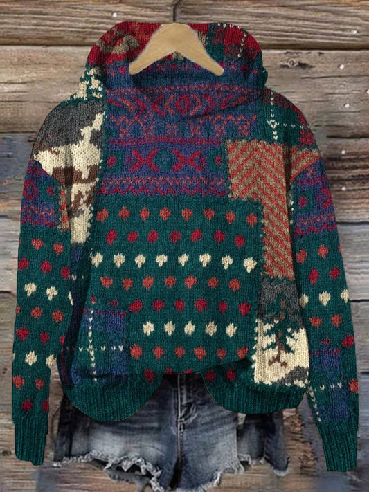 Vintage Knit Patchwork Cozy Hooded Sweater artswardrobe