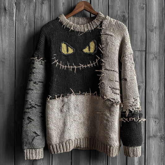 Halloween Abstract Black Cat Smiling Face Contrast Stitched Cozy Knit Sweater artswardrobe