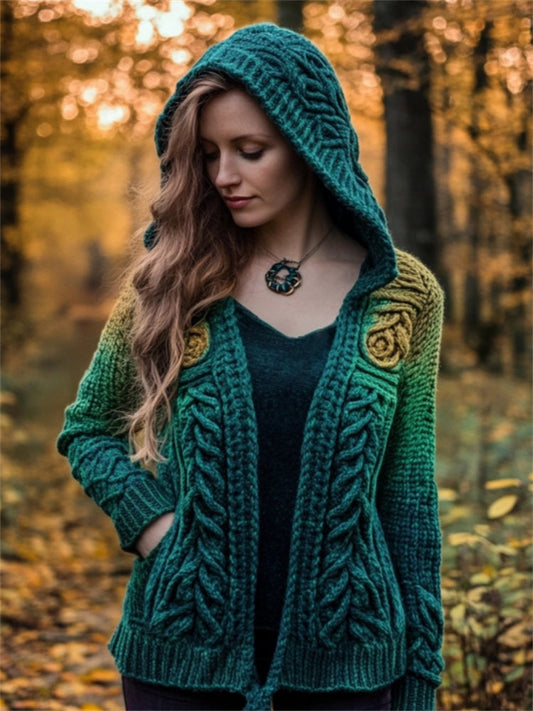 Irish Forest Gradient Celtic Cozy Hooded Cardigan artswardrobe