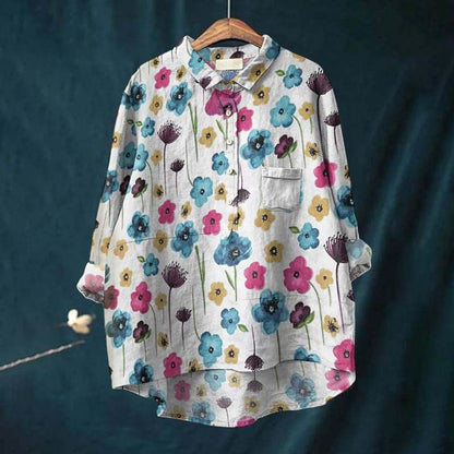 Comstylish Vintage Floral Art Print Casual Cotton Linen Shirt