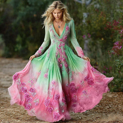 Women's Vintage Purple Rose Art Pattern Gradient Long Sleeve Dress artswardrobe