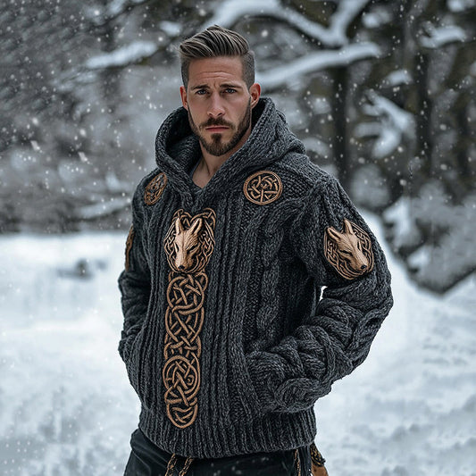 Men's Viking Tribal Wolf Totem Inspired Chunky Knit Pocket Hooded Sweater artswardrobe