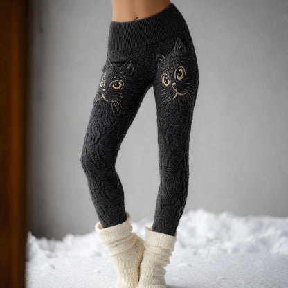 Cute Cat Face Embroidered Comfy Knit Leggings elevenforest