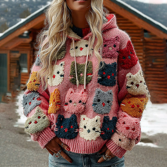 Colorful Cats Pattern Art Cozy Knit Hooded Sweater artswardrobe