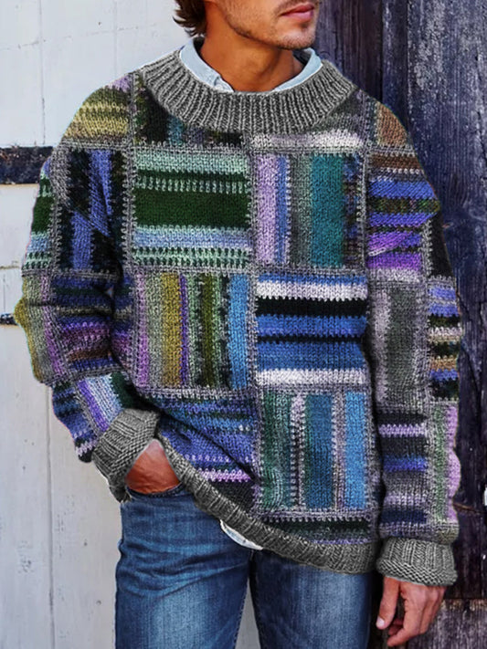 Men's Retro Colorblock Patchwork Cozy Knit Sweater artswardrobe