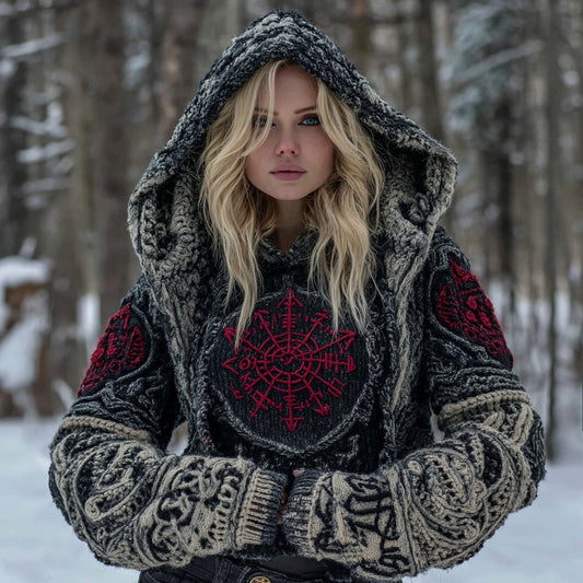 Vegvisir Viking Celtic Runes Knit Jacquard Colorblock Warm Hooded Sweater artswardrobe