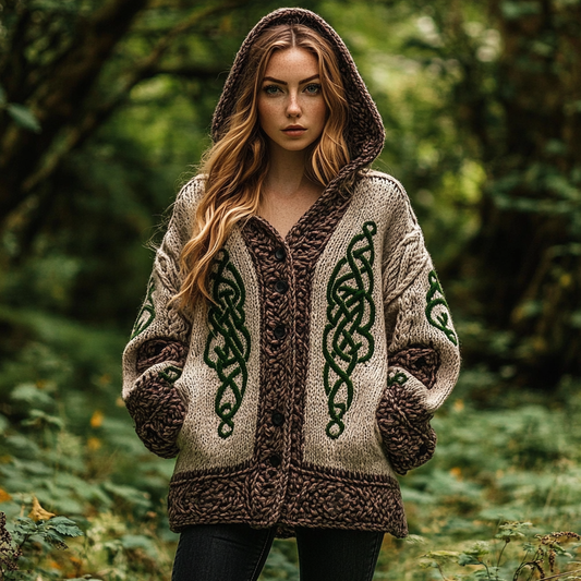 Vintage Irish Celtic Chunky Needle Comfortable Warm Hooded Cardigan Sweater artswardrobe