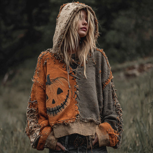 Halloween Pumpkin Face Patchwork Design Cozy Knit Hooded Sweater artswardrobe