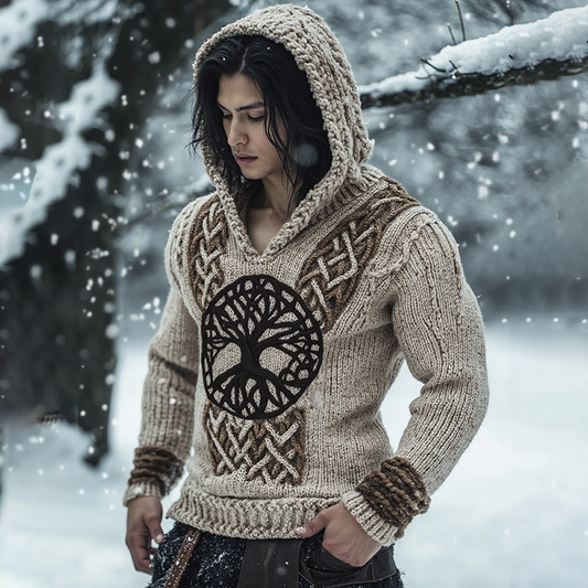 Irish Celtic Tree Of Life Jacquard Cozy Knit Hooded Sweater artswardrobe