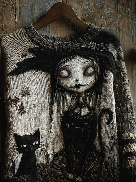 Halloween Gothic Witch Girl & Black Cat Knit Art Cozy Sweater artswardrobe