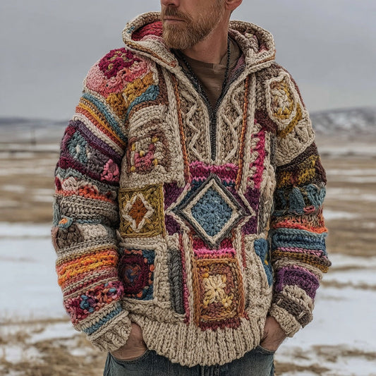 Men's Fair Isle Geometric Crochet Jacquard Warm Half-zip Hooded Sweater artswardrobe