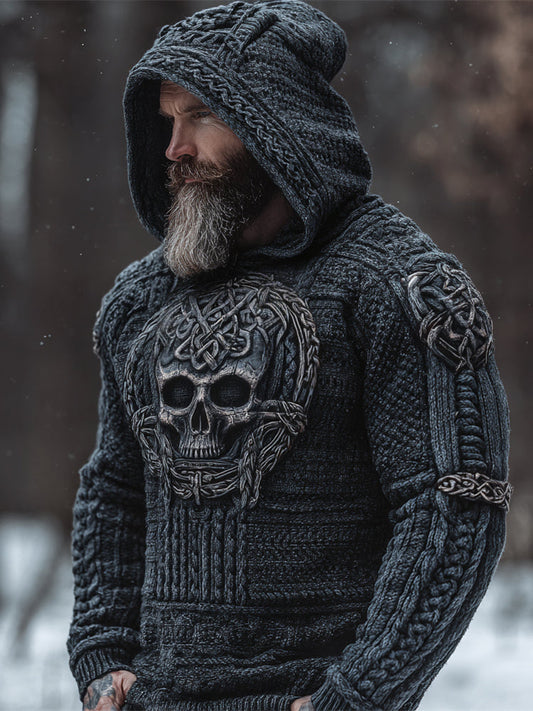 Viking Skull Men's Chunky Knit Hooded Sweater artswardrobe