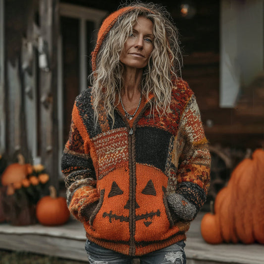 Halloween Pumpkin Face Patchwork Art  Cozy Knit Hooded Cardigan artswardrobe