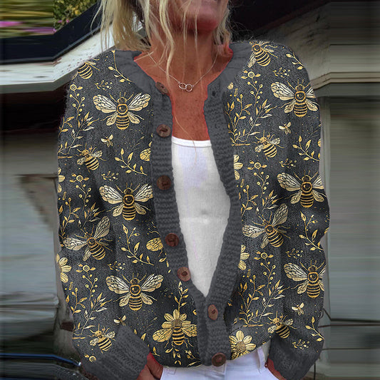 Comstylish Vintage Bees And Flowers Botanical Art Print Pattern Cozy Hooded Cardigan Sweater