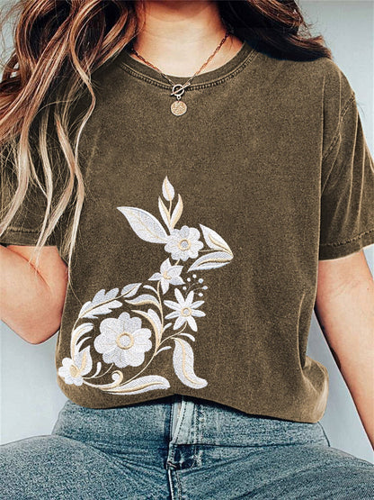 Flower Bunny Embroidery Pattern Casual T-Shirt artswardrobe