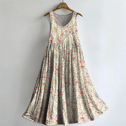 Women's Retro Paisley Floral Art Print Sleeveless Cotton Pocket Dress