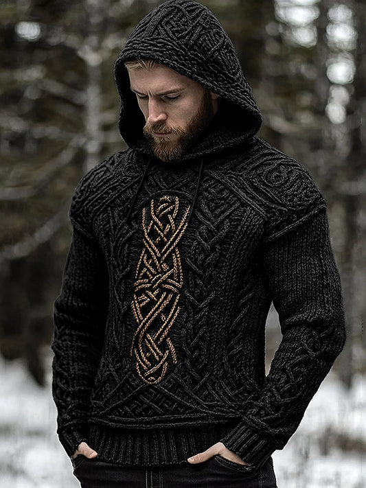 Men's Viking Jacquard Celtic Inspired Cozy Knit Hooded Sweater artswardrobe