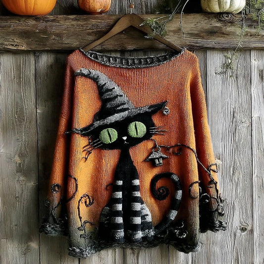 Halloween Black Cat Knitted Crew Neck Sweater artswardrobe