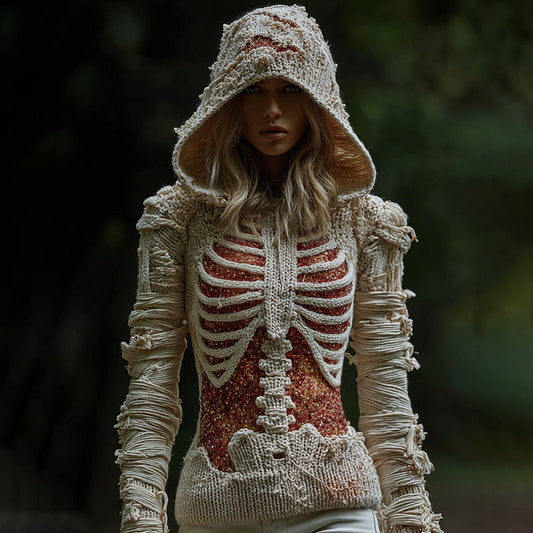 Women's Halloween Skeleton Bandages Art Knit Hooded Sweater artswardrobe