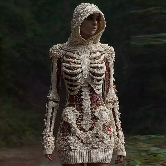 Women's Halloween Sequined Skull Pattern Comfortable Knit Hooded Mini Skirt artswardrobe