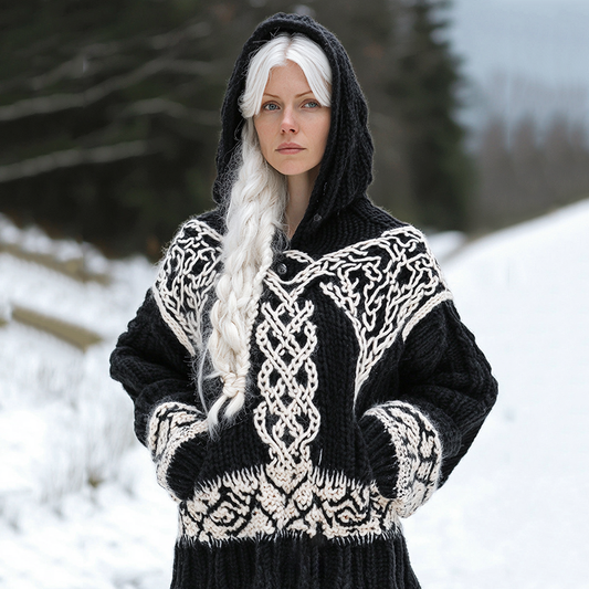 Women's Viking Tribal Jacquard Celtic Inspired Chunky Knit Hooded Sweater artswardrobe
