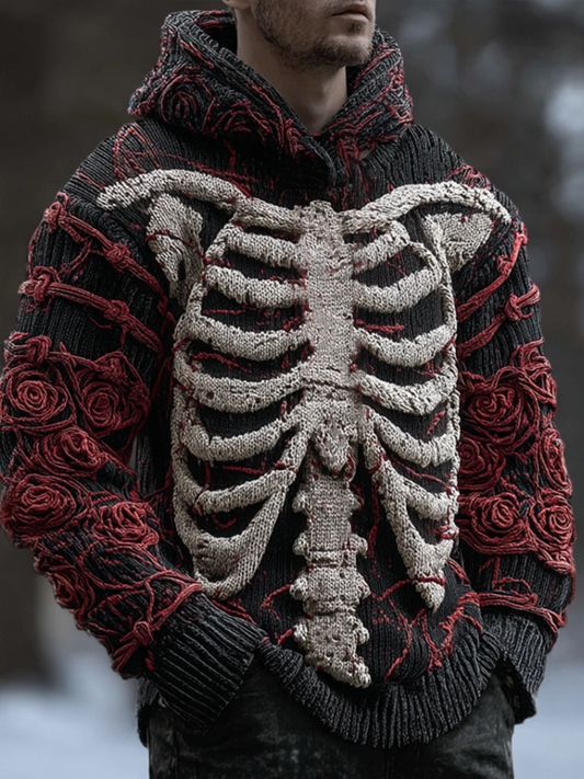 Halloween Line Design Retro Men's Knit Hooded Sweater artswardrobe