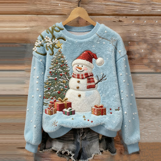 Women's Christmas Snowman Embroidery Art Comfort Plush Sweatshirt