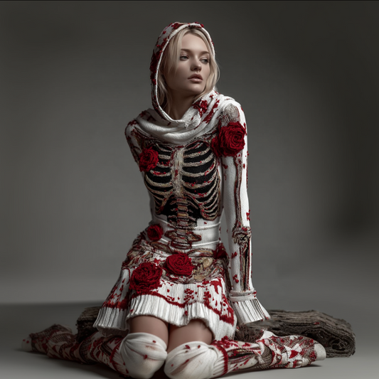 Halloween Blood Rose Women's Knit Hooded Sweater Dress artswardrobe