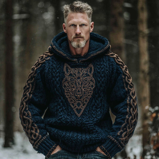 Men's Vintage Viking Wolf Celtic Art Jacquard Chunky Knitted Cozy Hooded Sweater artswardrobe