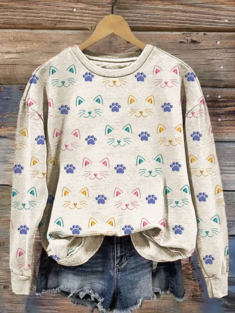 Cute Cat Embroidery Pattern Casual Cotton Sweatshirt elevenforest