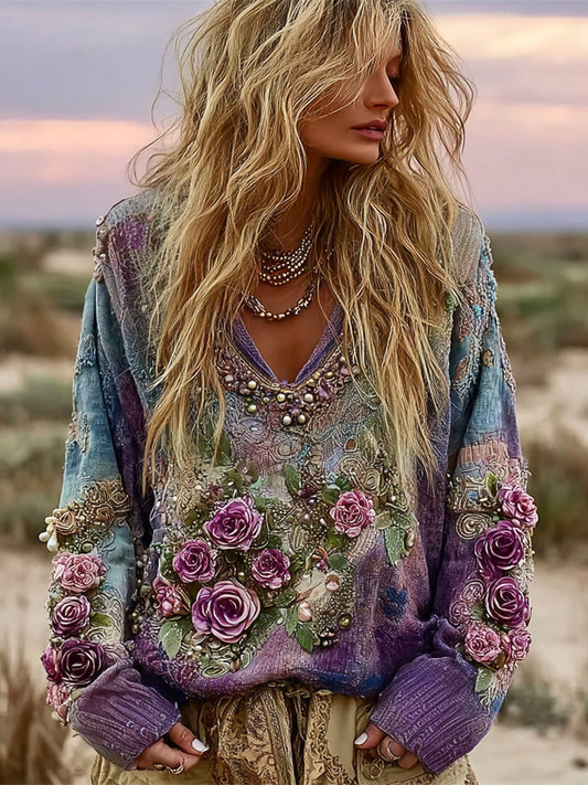 Vintage Boho 3d Floral Women's V-neck Sweater artswardrobe