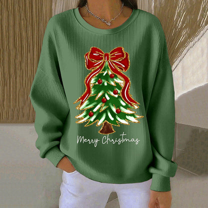 Comstylish Women's Christmas Tree Print Crew Neck Casual Sweatshirt