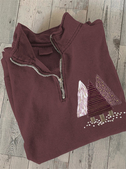 Comstylish Christmas Trees Embroidery Collar Zipper Sweatshirt