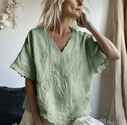 Comstylish Vintage Floral Art Cotton Linen Comfy Shirt