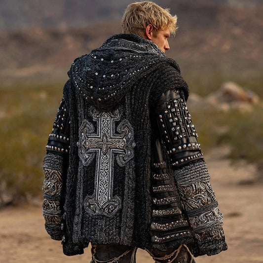 Men's Dark Style Cross Inspired Knitted Cozy Zipper Up Hooded Cardigan artswardrobe