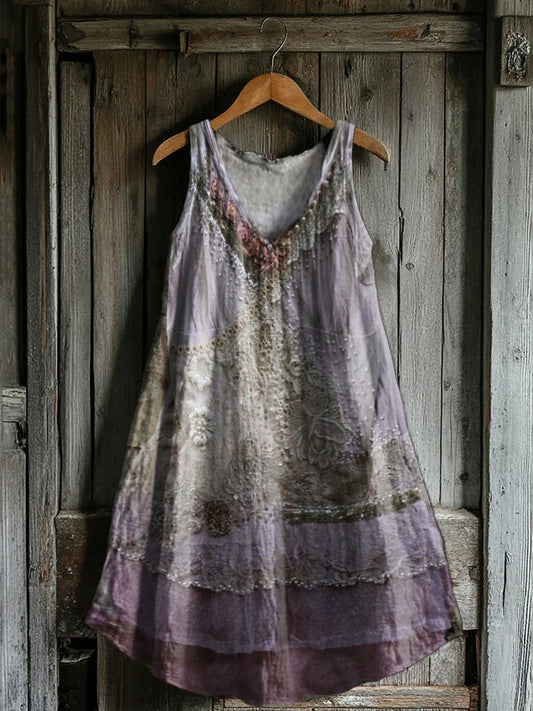 Women's Floral Patchwork Pattern Art Print V-Neck Pocket Cotton Dress