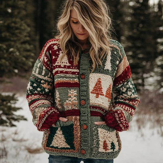 Christmas Tree Patchwork Contrasting Color Design Pocket Hooded Sweater artswardrobe