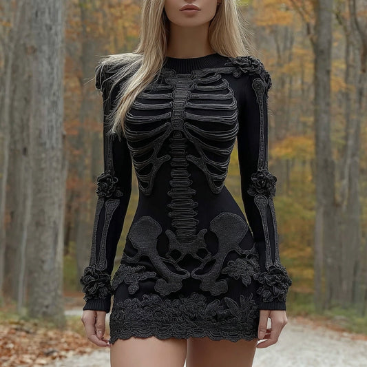 Women's Halloween Skeleton Flower Art Embroidery Cozy Knit Mini Sweater Dress artswardrobe