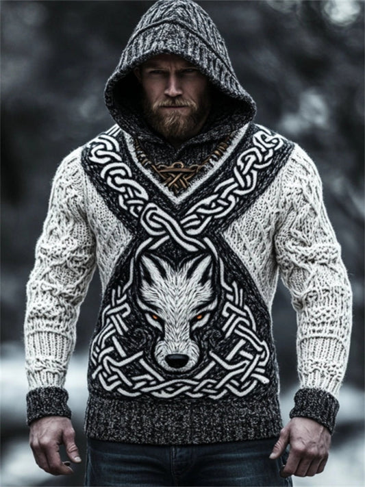 Men's Viking Wolf Celtic Contrast Cozy Chunky Hooded Sweater artswardrobe