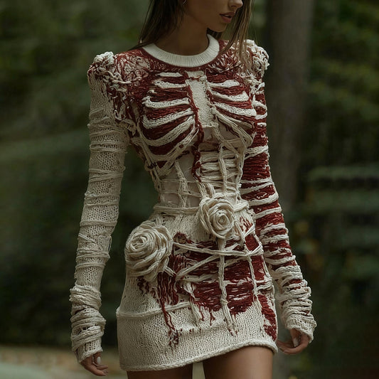 Women's Halloween Halloween Skeleton Bones Bandage With Rose Art Cozy Knit Mini Sweater Dress artswardrobe