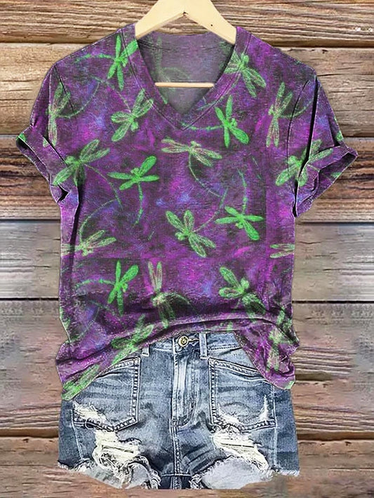 Women's Dragonfly Print V-Neck Comfort Cotton T-Shirt